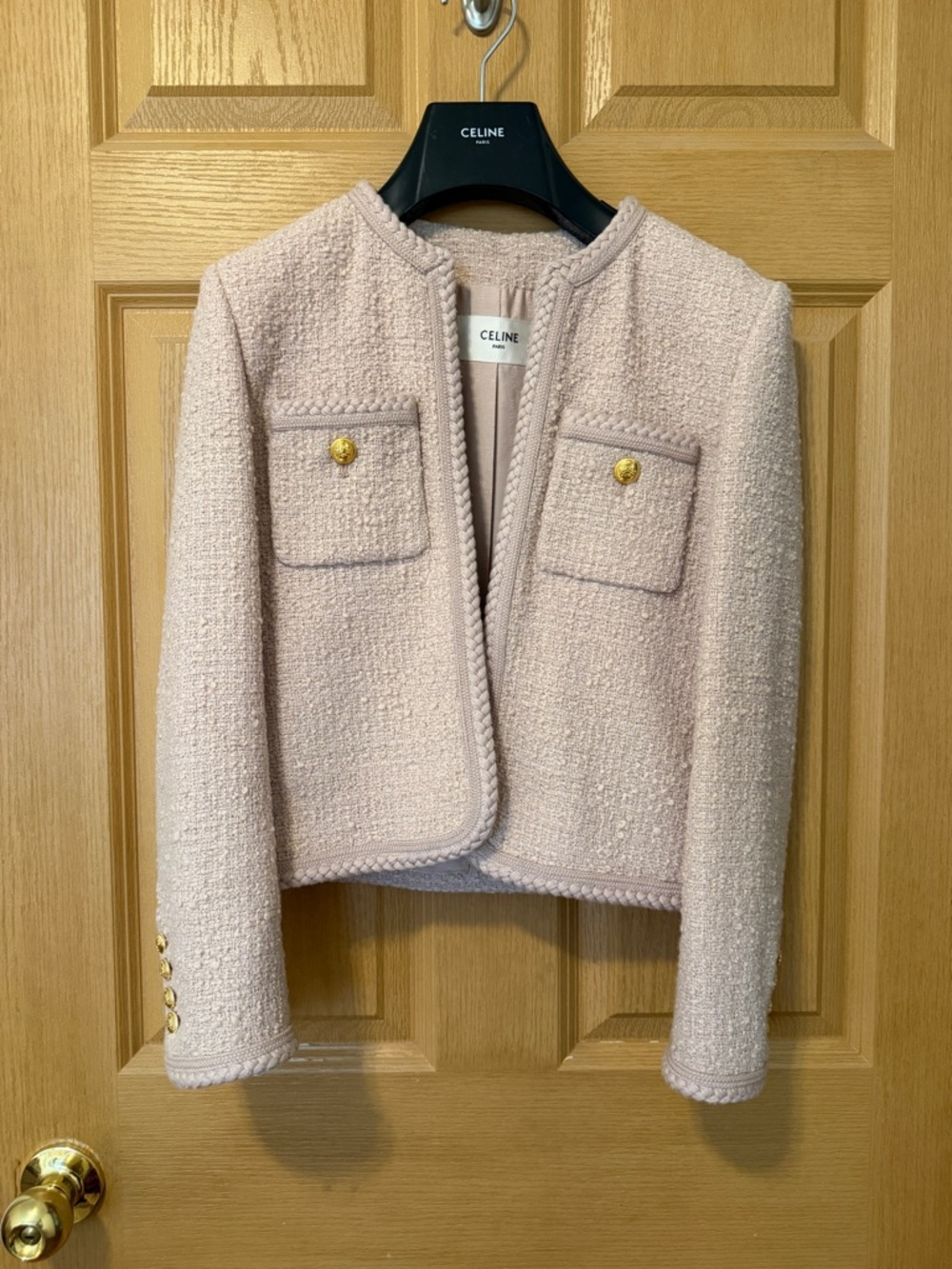 Celine Light Pink Bouclé Cropped Jacket with Gold Buttons